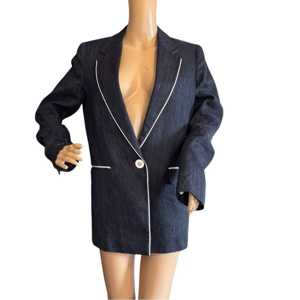 Lafayette 148 Blazer Size 8 Linen and Cotton Blue Textured Jacket